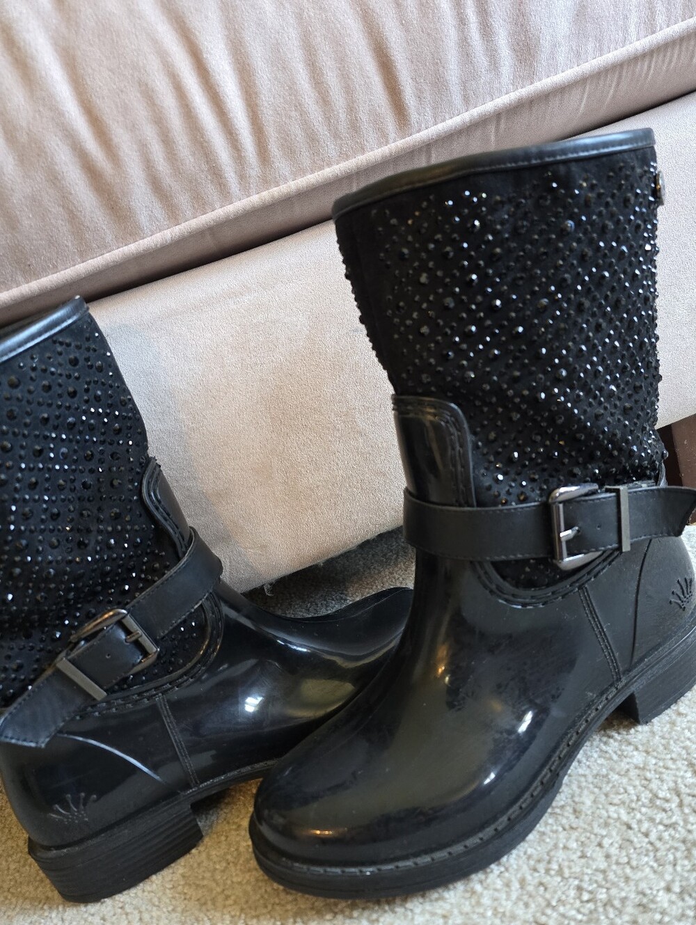 POSH Wellies Black High Gloss Sparkly Jewelled Rain Boots EU 37 US 6-6.5